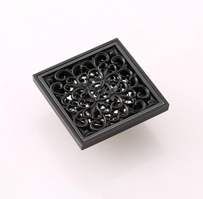 Flower Carved Art Square Bathroom Floor Drain 4 Antique Brass 1