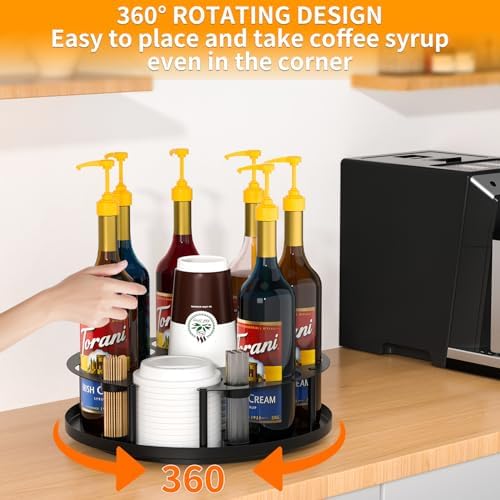 Coffee Syrup Organizer 8 Bottles with Rotating Holder and Stirrers