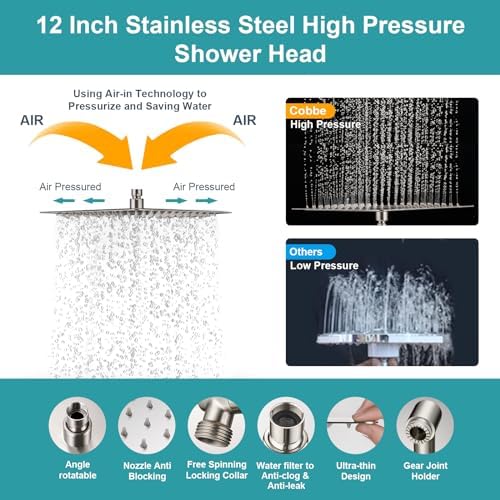 Cobbe 12 Inch 3-Way Rain Shower Head with Handheld Combo