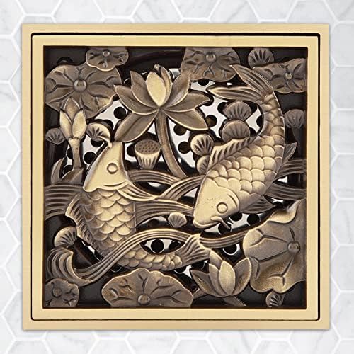AUNMAS 4 Inch Antique Brass Shower Floor Drain with Fish Lotus Pattern
