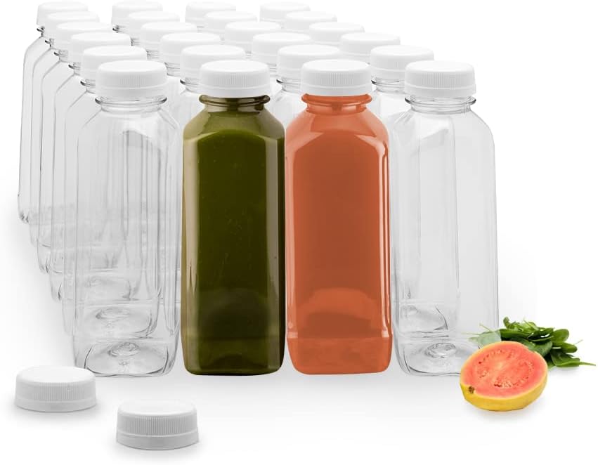 Restaurantware 16 Ounce Square Plastic Juice Bottles - 100 with Tamper Evident Cap