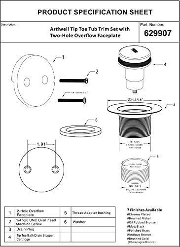 Artiwell Tip-Toe Tub Trim Set Brushed Nickel 1