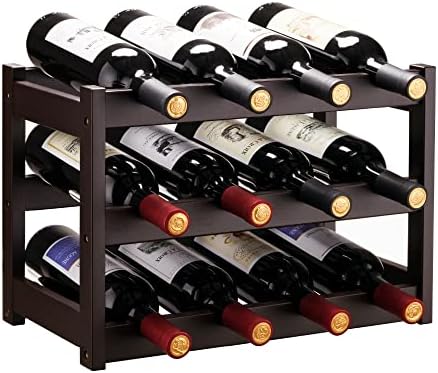 VASMIA Bamboo Wine Rack 3-Tier 12 Bottles Storage Cabinet Shelf