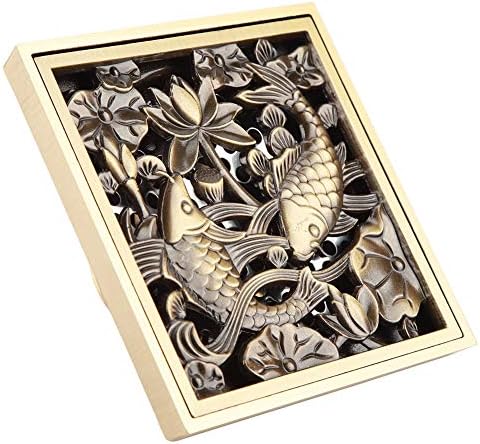 AUNMAS 4 Inch Antique Brass Shower Floor Drain with Fish Lotus Pattern