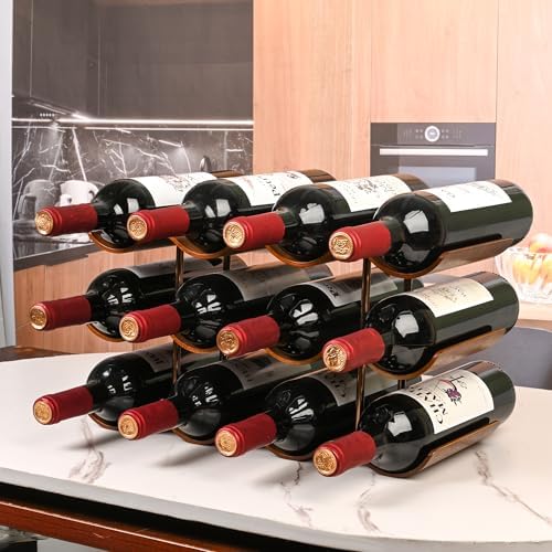 TRUDING 12-Bottle Tabletop Wine Rack - 3 Tier Walnut Wavy Storage Stand