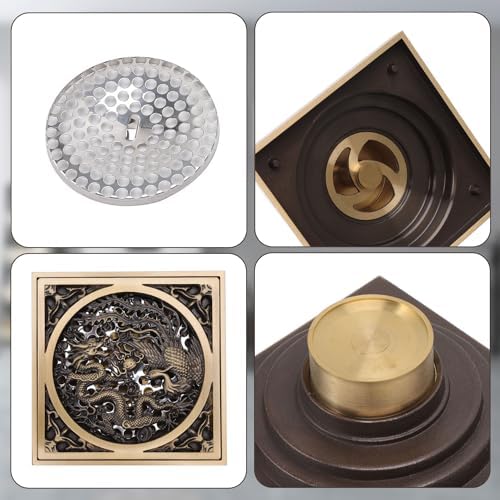 Tissting 43x43in Stainless Steel Copper Floor Drain with Dragon Phoenix Relief Design