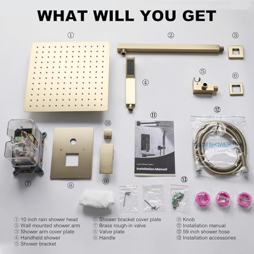 Fatspas 10 Inch Rain Shower Set with Handheld and Brushed Gold Finish