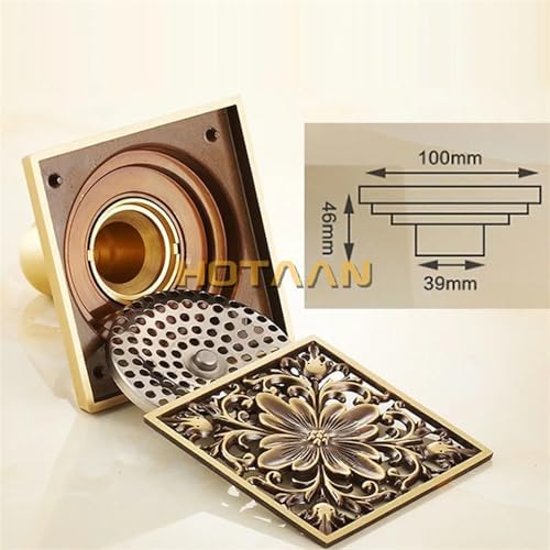 Antique Brass Carved Bathroom Floor Drain 100mmx100mm YT-2111