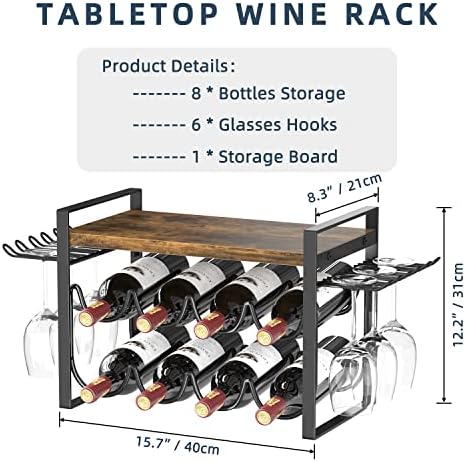 JAFUSI 8-Bottle Wine Rack with Wood Tray and Glasses Hooks