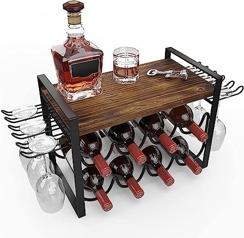 JAFUSI 8-Bottle Wine Rack with Wood Tray and Glasses Hooks
