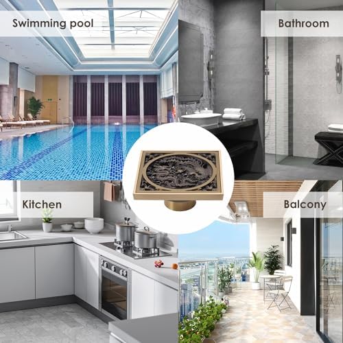 Tissting 43x43in Stainless Steel Copper Floor Drain with Dragon Phoenix Relief Design