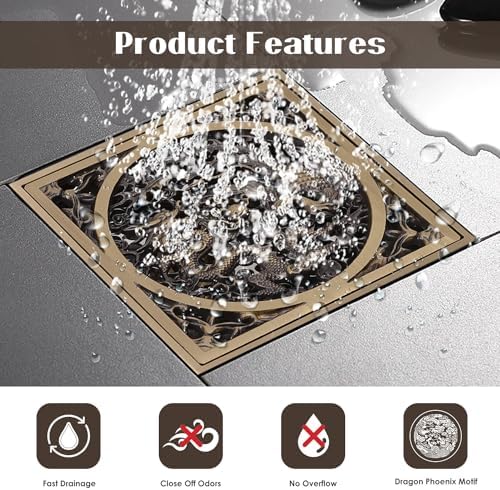 Tissting 43x43in Stainless Steel Copper Floor Drain with Dragon Phoenix Relief Design
