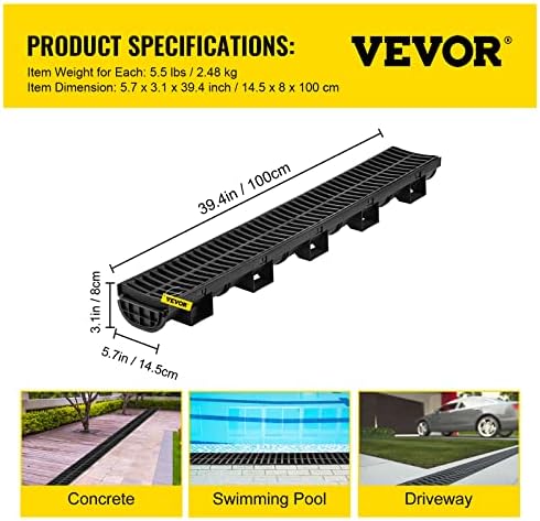 VEVOR HDPE Trench Drain System 57x31-Inch Black 5-Pack