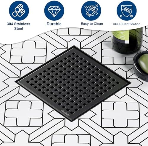 Neodrain 6 Inch Square Shower Drain with Matte Black Grate 1