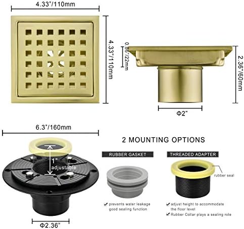4 Inch Brushed Gold Shower Drain with Adjustable Base Flange