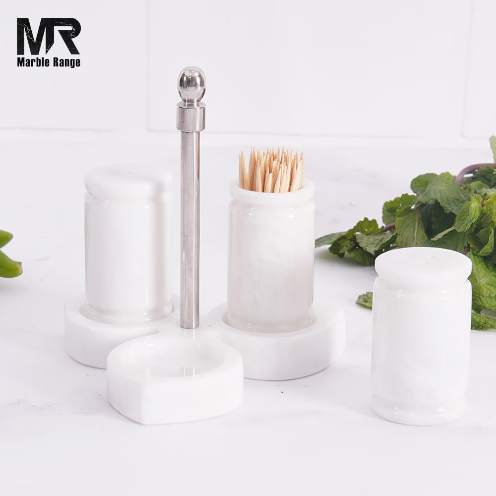 Marble Salt and Pepper Shakers Set with Holder