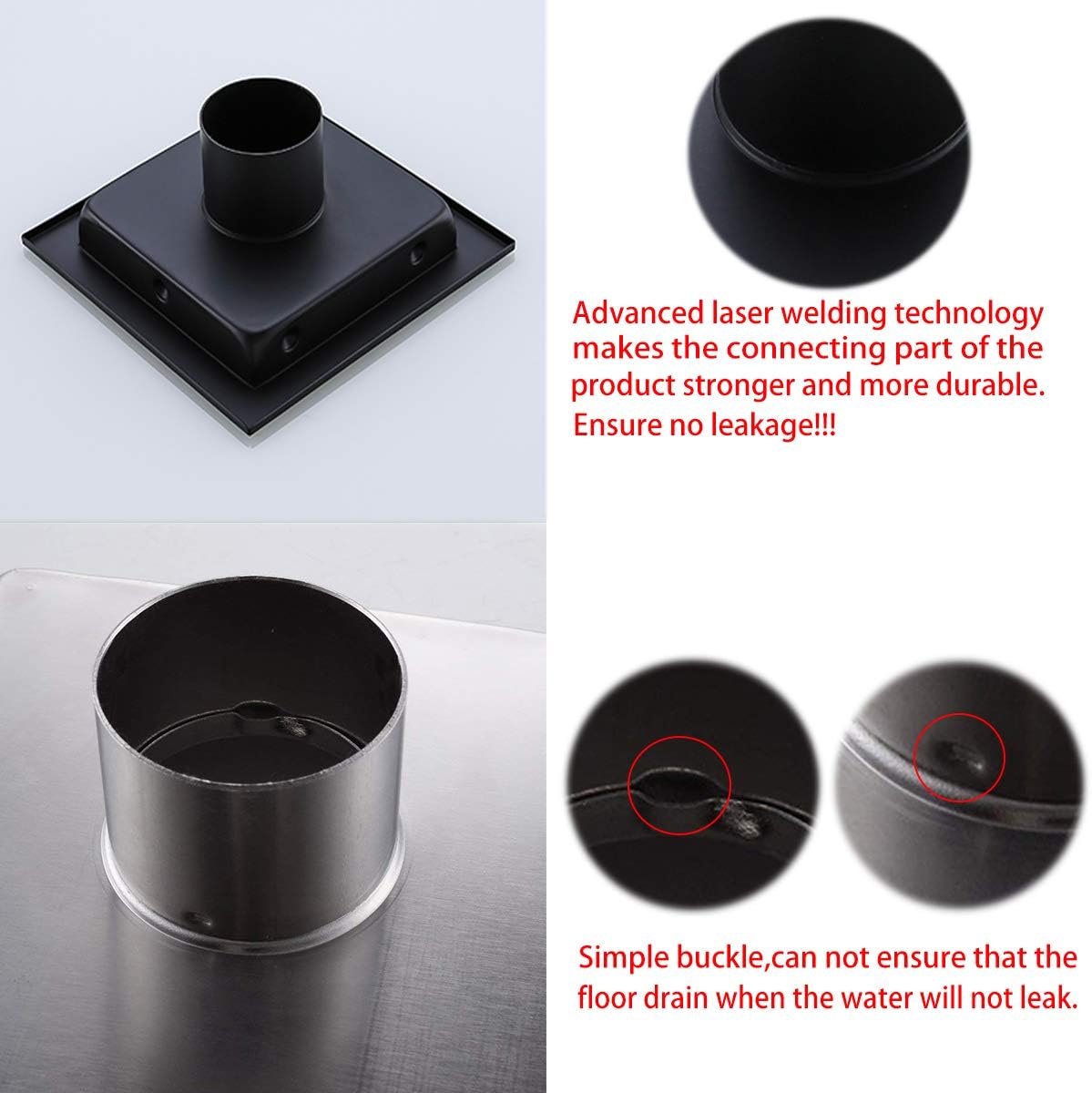 Random Black Square Drain with Tile Insert 6 Inch Cover