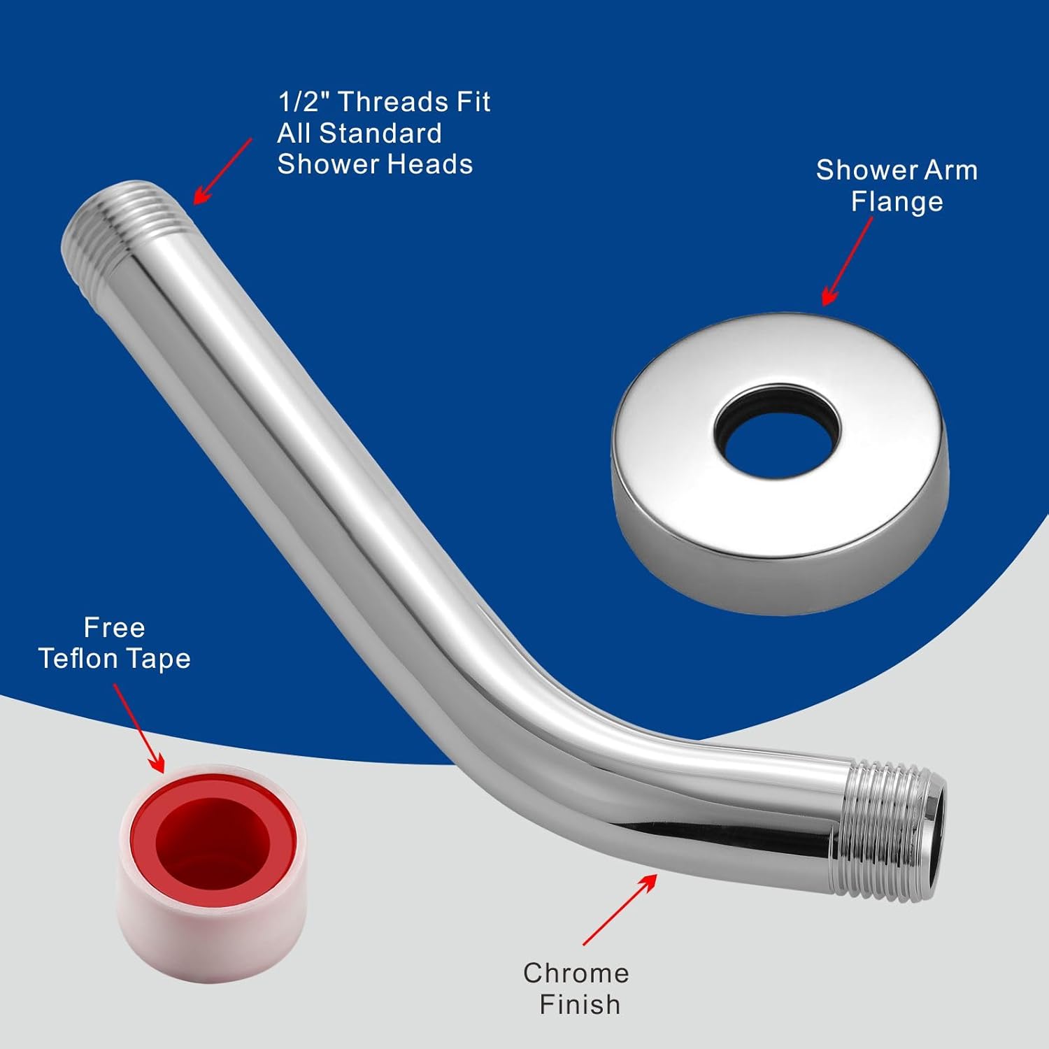 Eolax 8 Inch Chrome Shower Arm and Flange with Teflon Tape