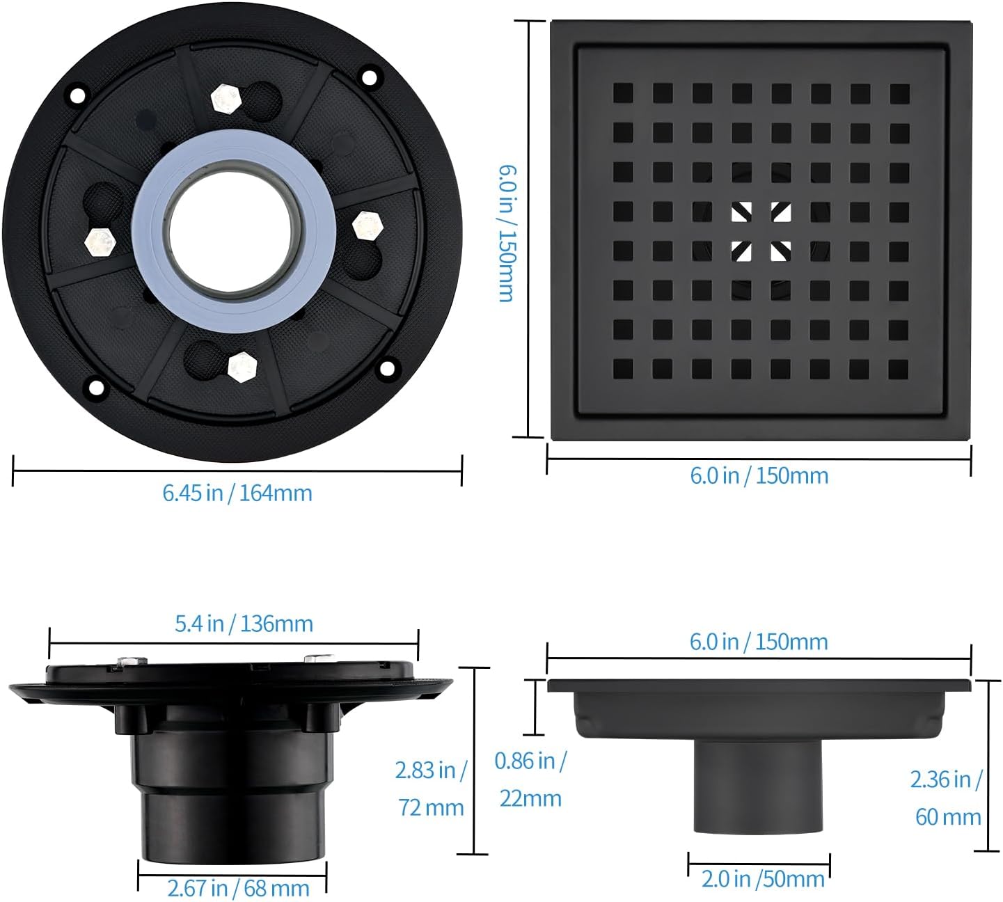 6 Inch Square Shower Drain with Flange and Hair Strainer