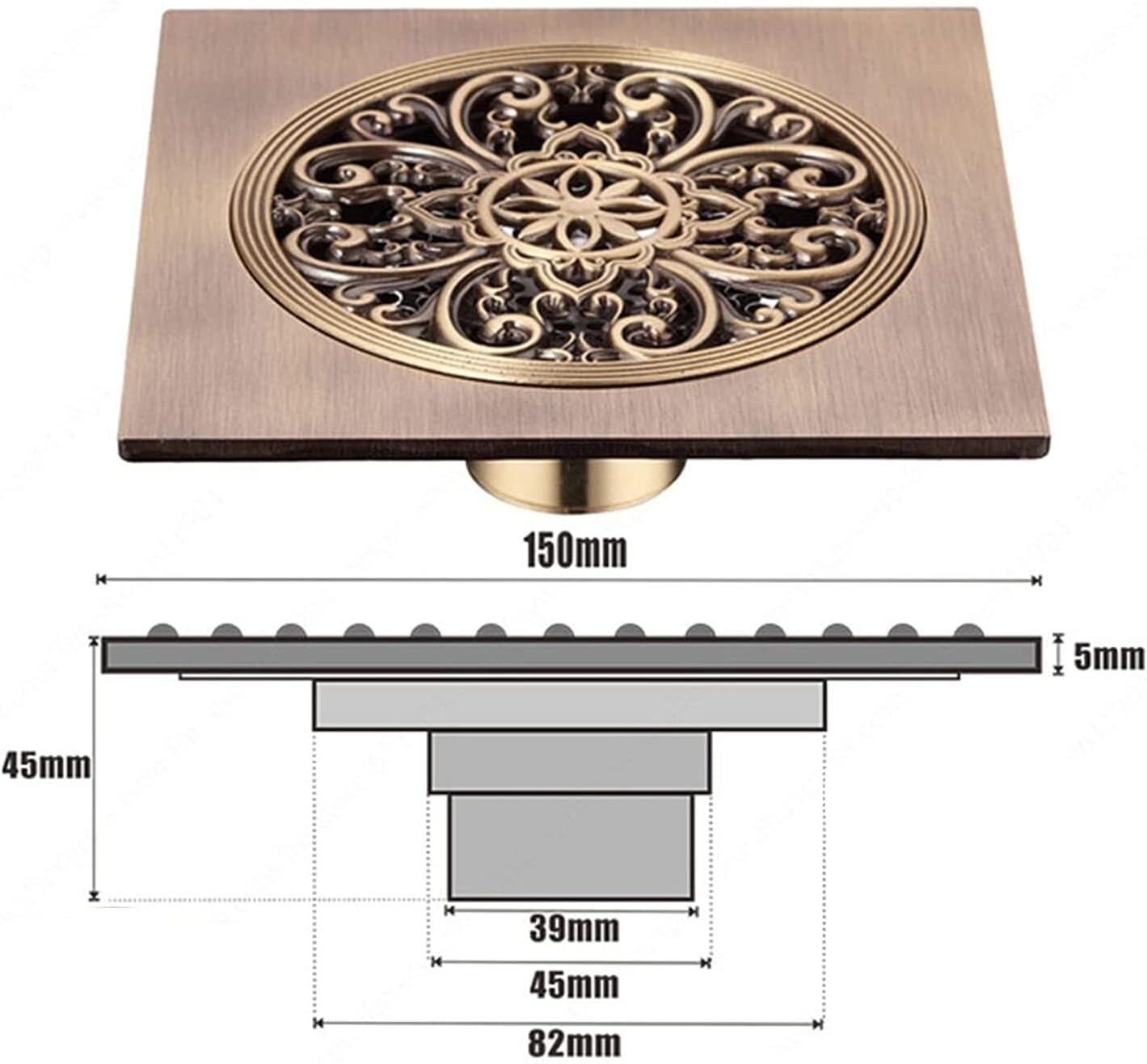 6 Inch Antique Brass Floor Drain with Quadrato Pattern