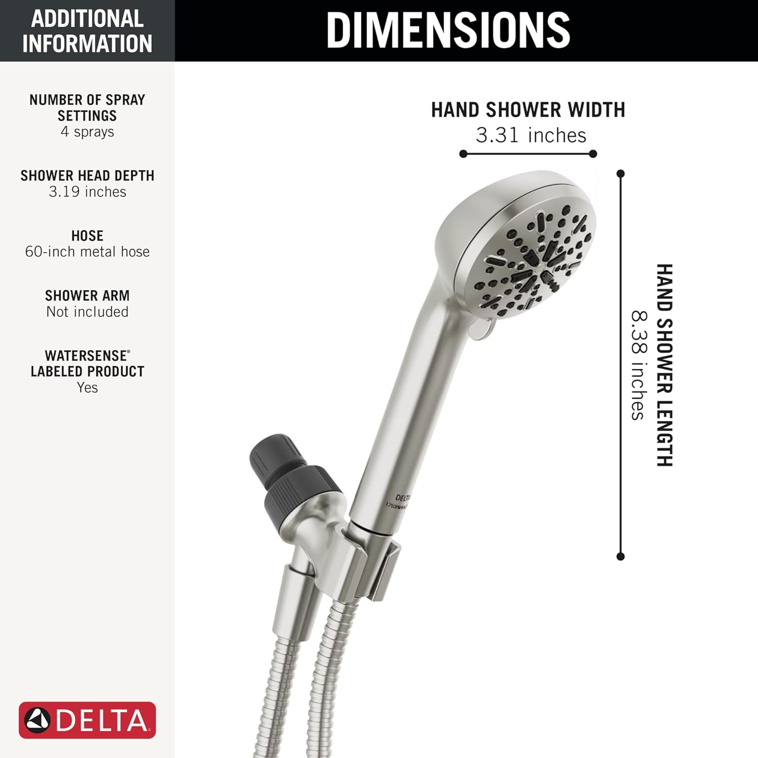 Delta 4-Spray Handheld Shower Head with Hose Brushed Nickel 75413SN