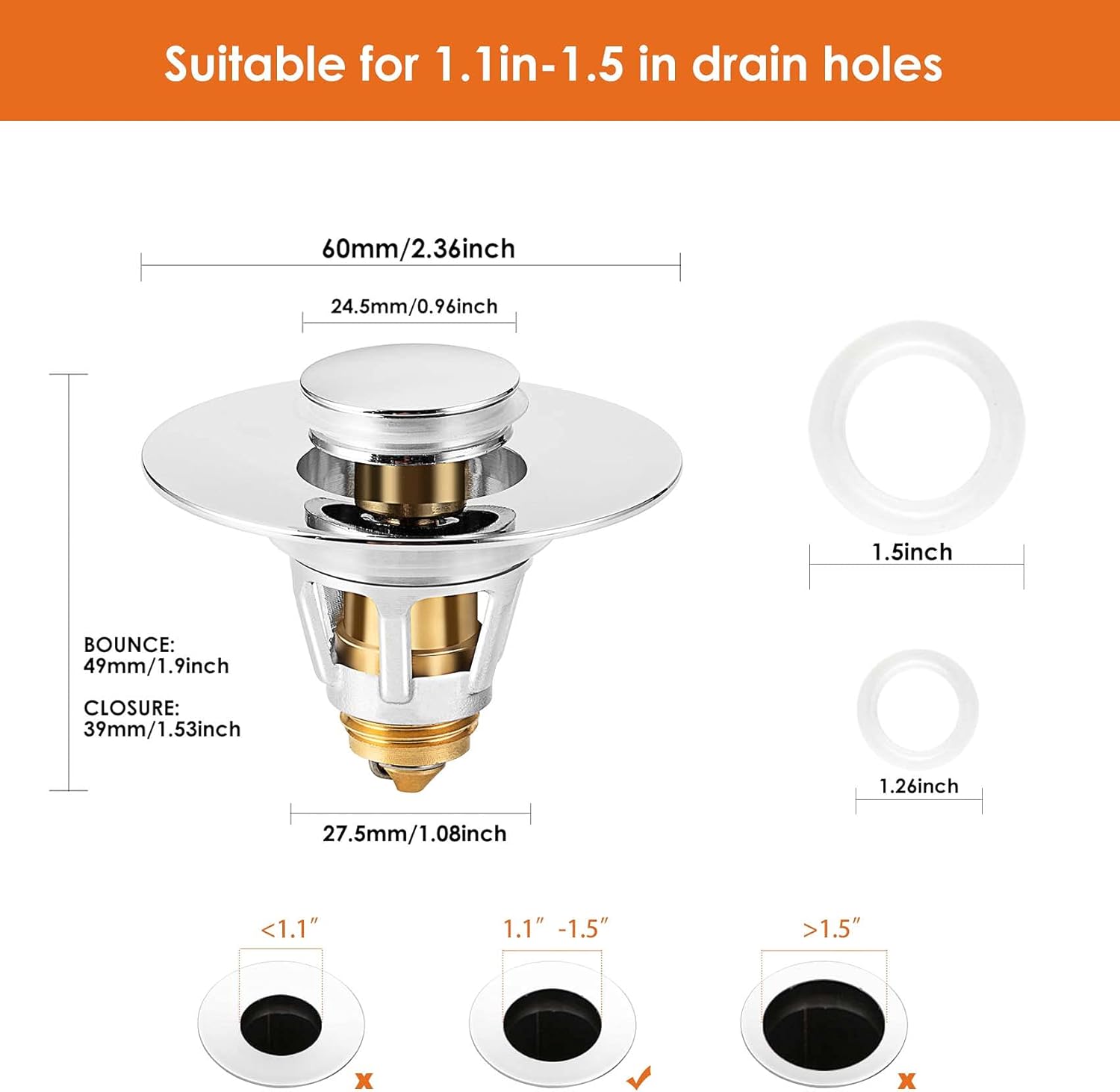 Drifop Universal Sink Stopper with Hair Catcher 11-15 Inch Drain Silver