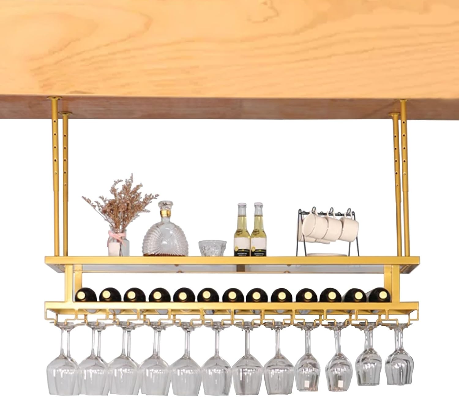 Whalebee Metal Wine Glass Ceiling Rack with 2 Tiers