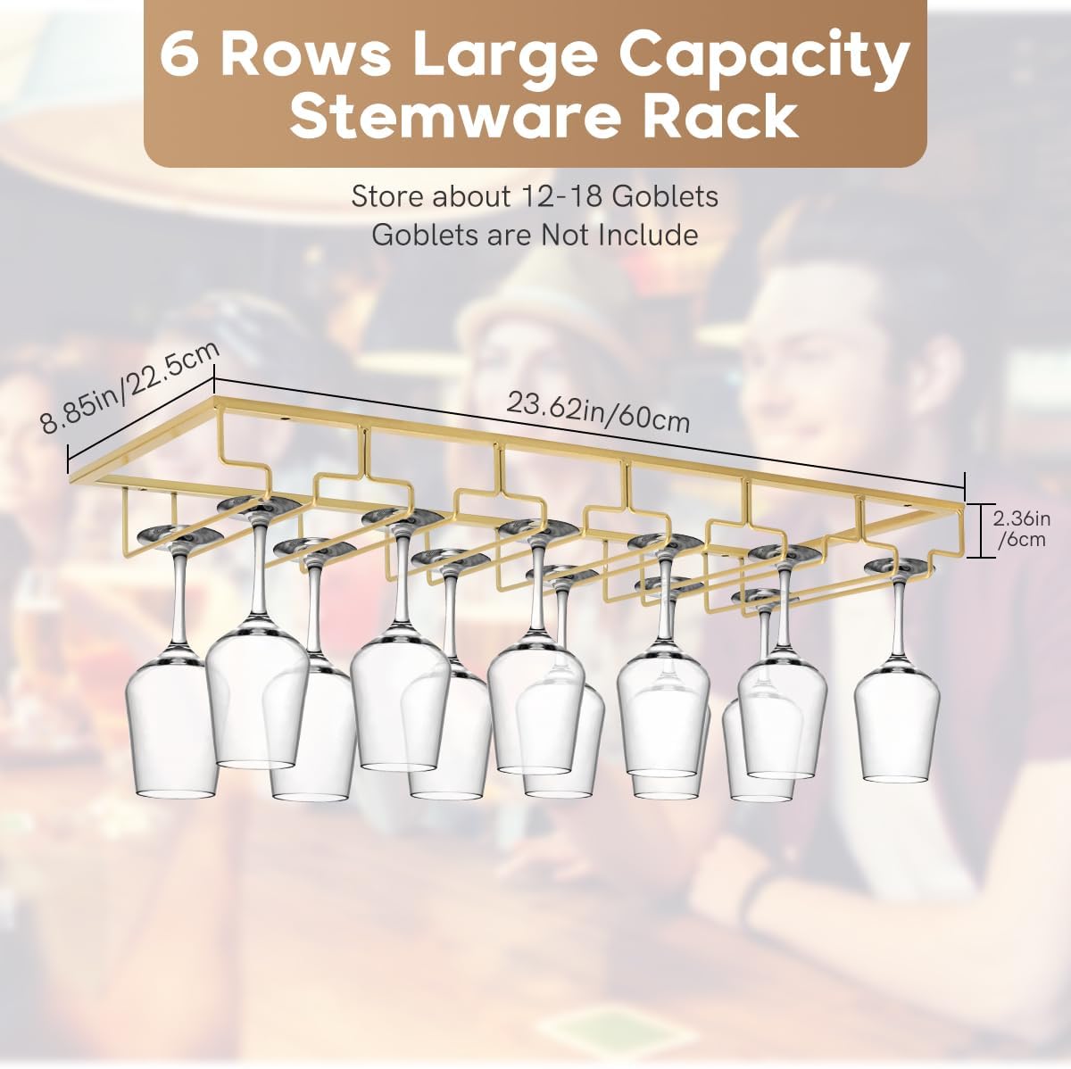 Xverycan 6 Row Wine Glass Rack Under Cabinet Gold
