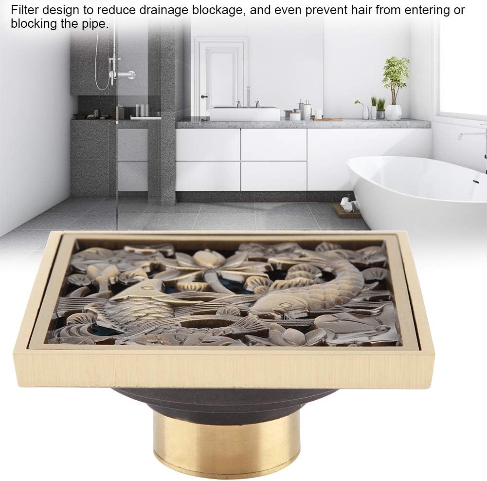 AUNMAS 4 Inch Antique Brass Shower Floor Drain with Fish Lotus Pattern