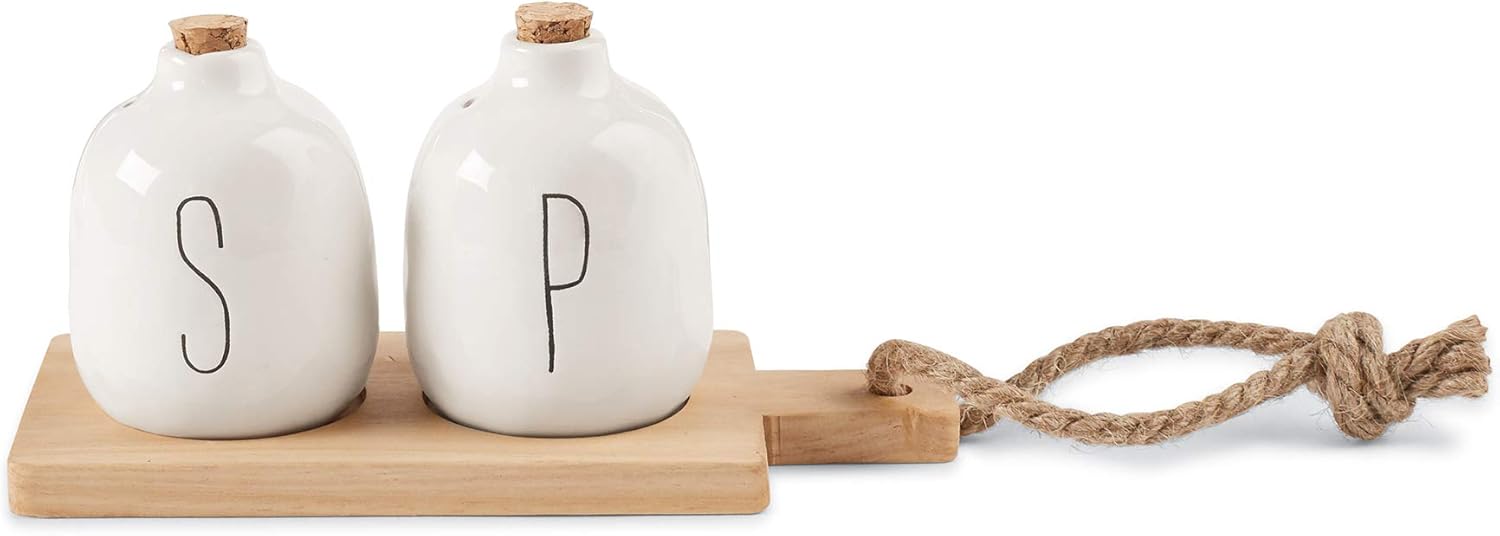 Mud Pie Bistro Basic Ceramic Salt Pepper Shaker Set with Board White
