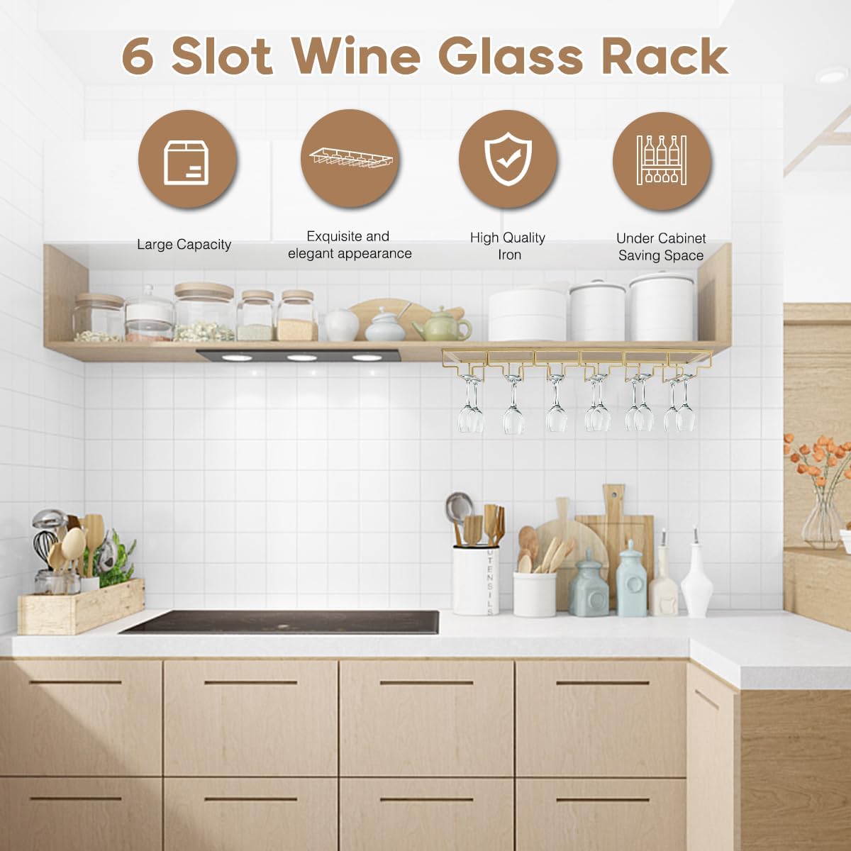 Xverycan 6 Row Wine Glass Rack Under Cabinet Gold