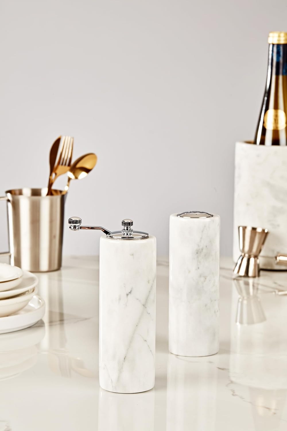 Natural Polished Marble Salt Shaker and Pepper Mill Set