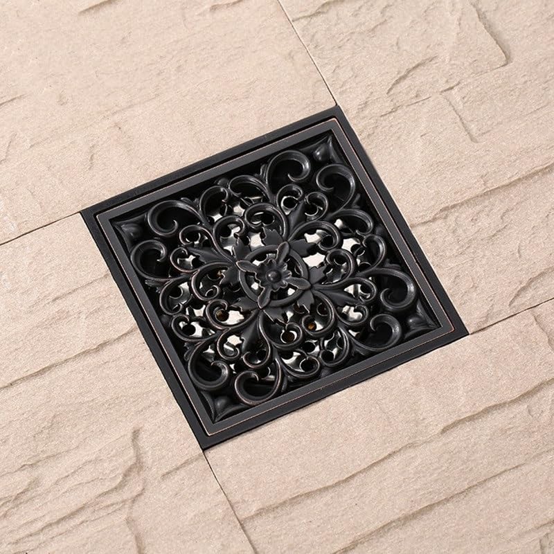 Flower Carved Art Square Bathroom Floor Drain 4 Antique Brass 1