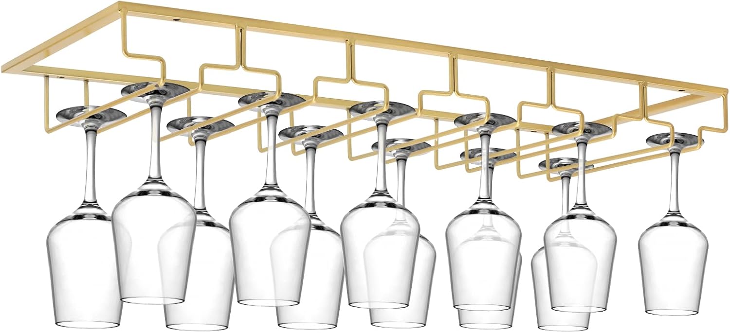 Xverycan 6 Row Wine Glass Rack Under Cabinet Gold