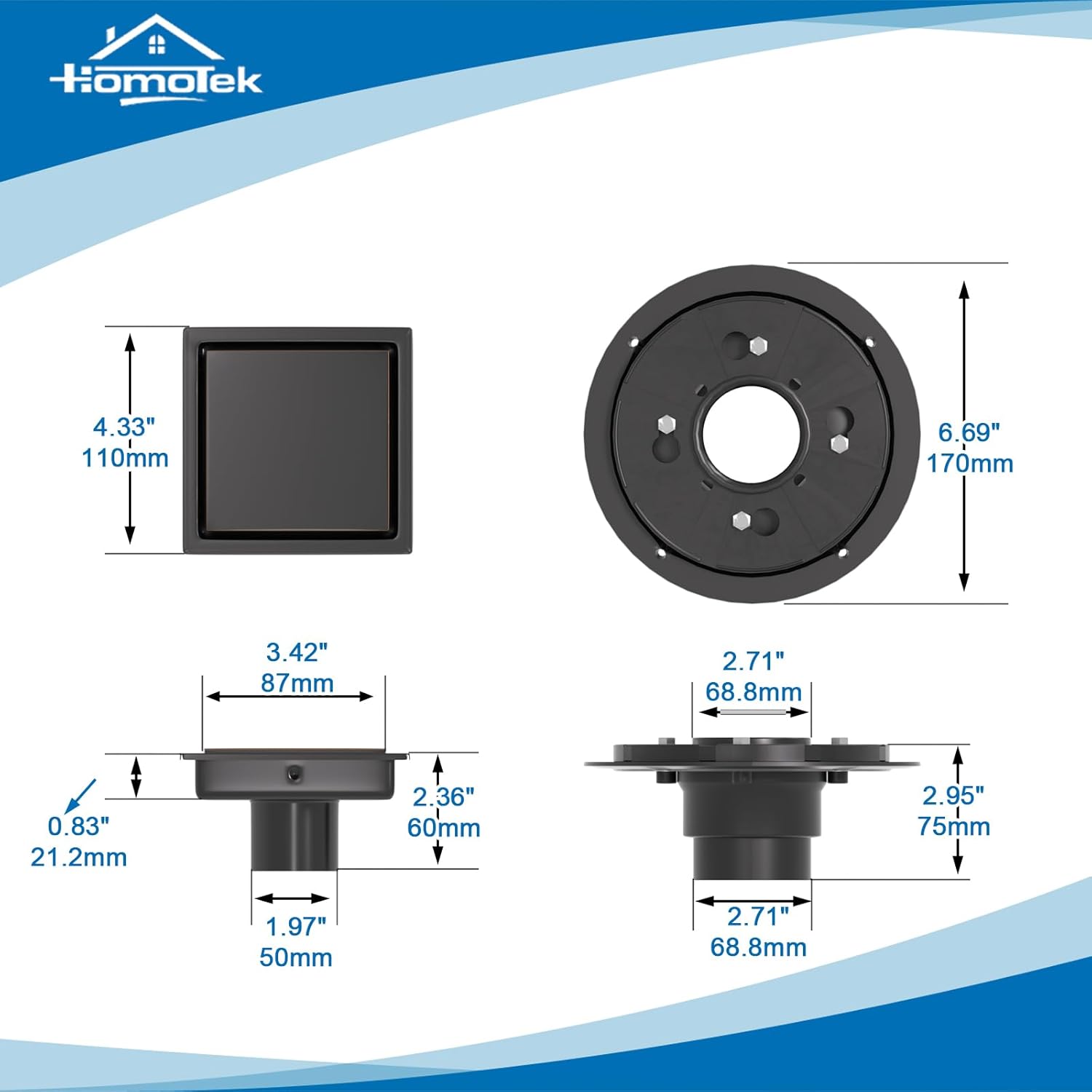 HOMOTEK 4 Inch Shower Drain with Flange and Hair Strainer