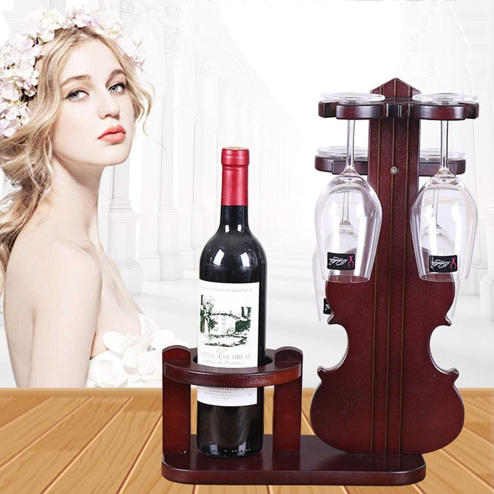 Creative Violin Wine Rack Wood Design 1 Bottle 4 Cups Holder