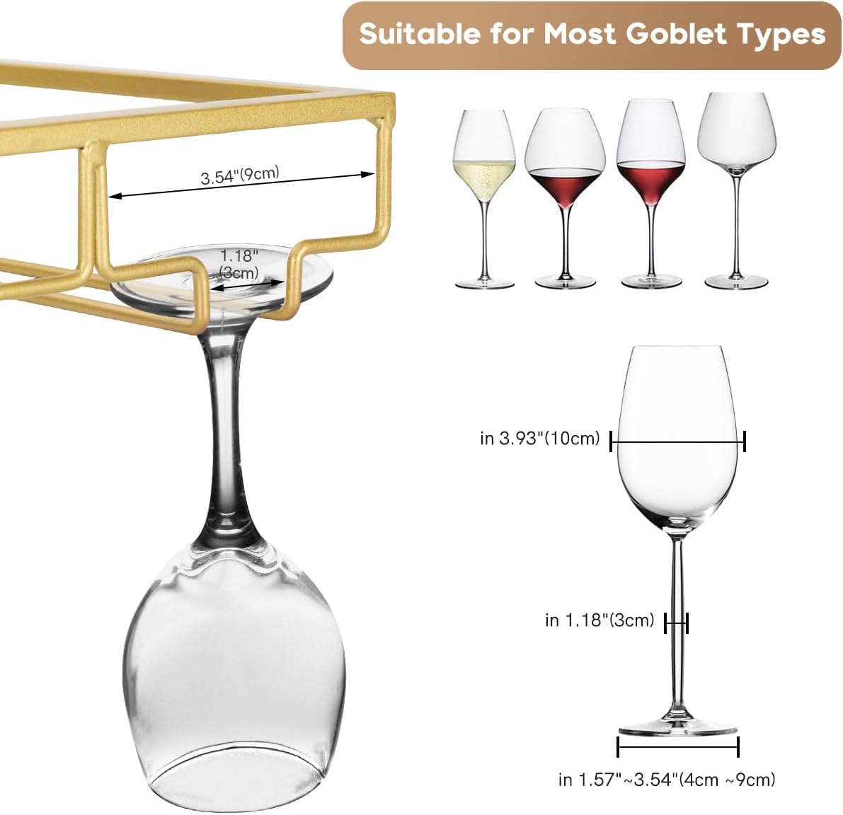 Xverycan 6 Row Wine Glass Rack Under Cabinet Gold