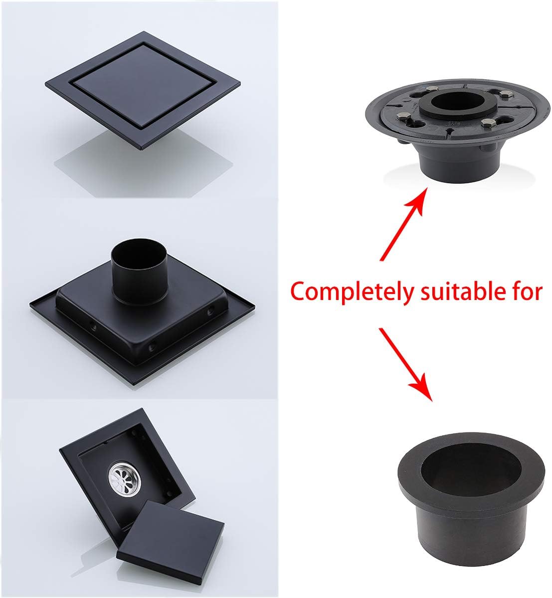 Random Black Square Drain with Tile Insert 6 Inch Cover