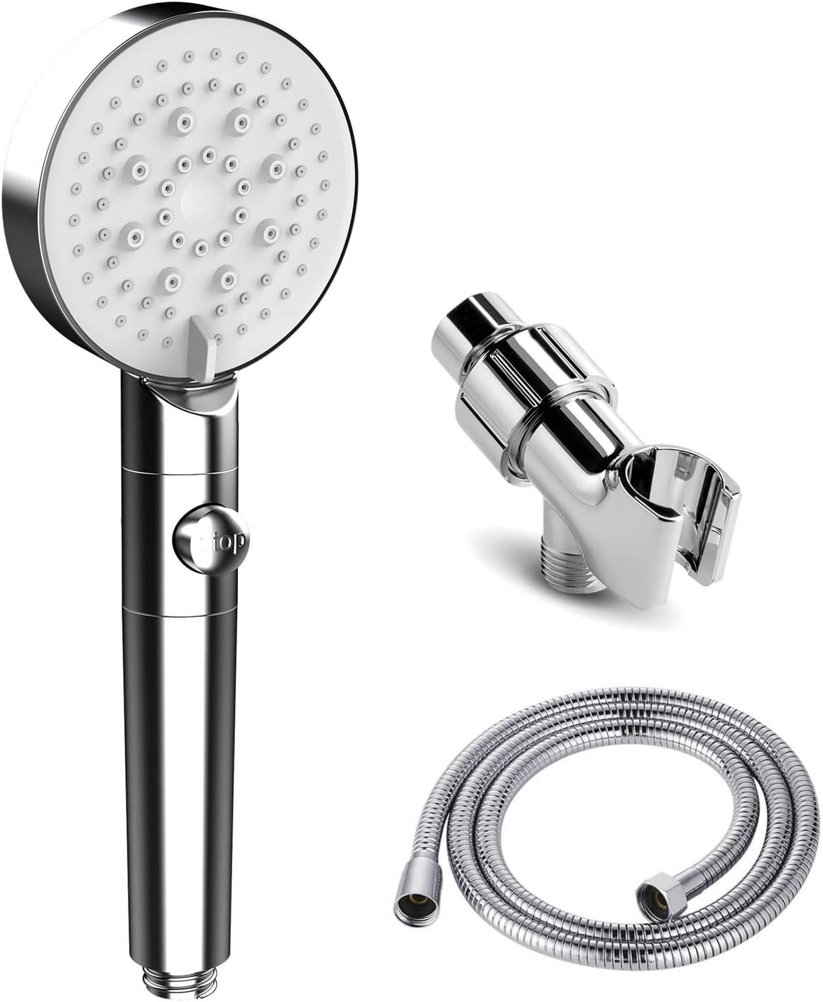 6 Functions Handheld Shower Head Set with Stop Button and Chrome Hose Bracket