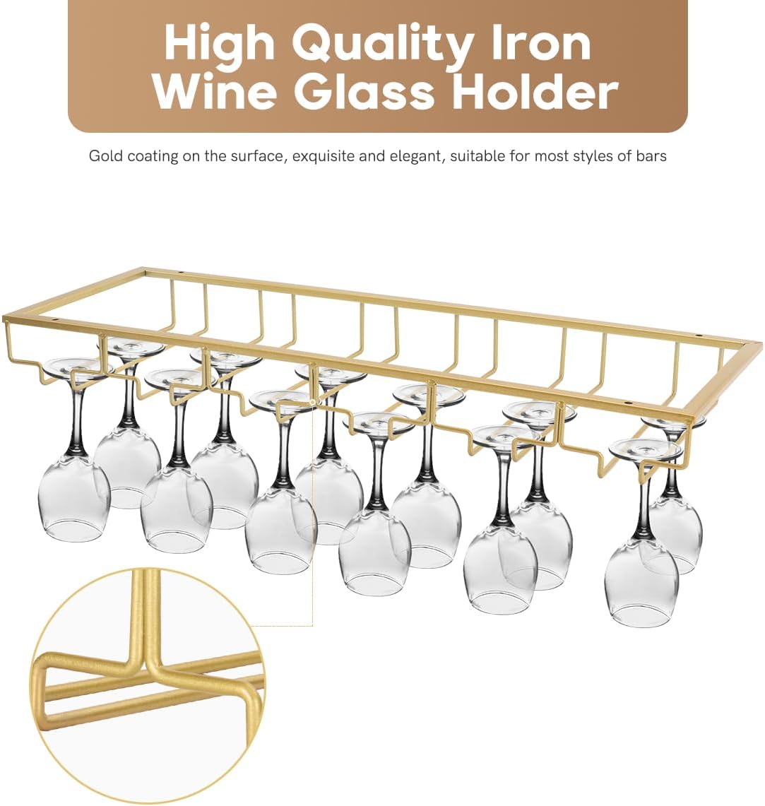 Xverycan 6 Row Wine Glass Rack Under Cabinet Gold