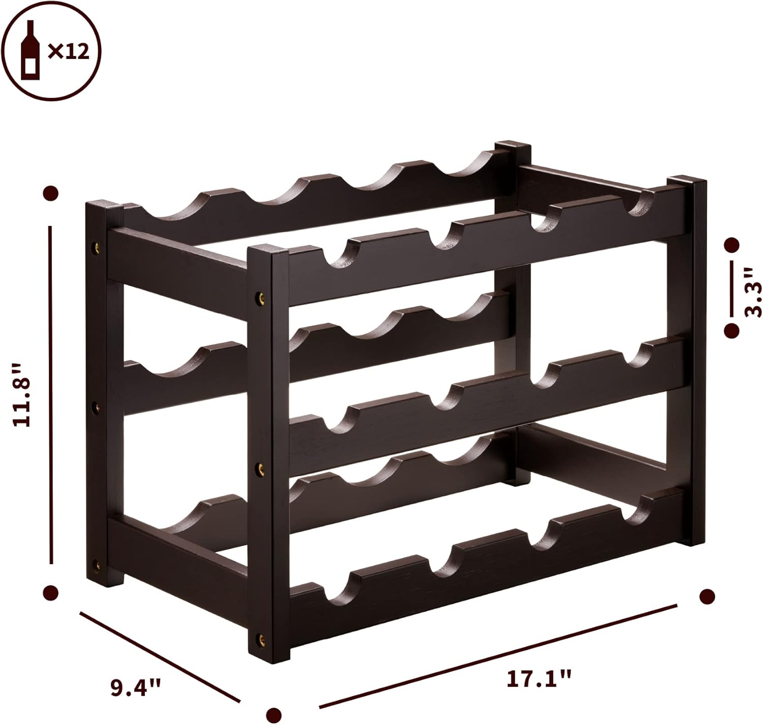 VASMIA Bamboo Wine Rack 3-Tier 12 Bottles Storage Cabinet Shelf