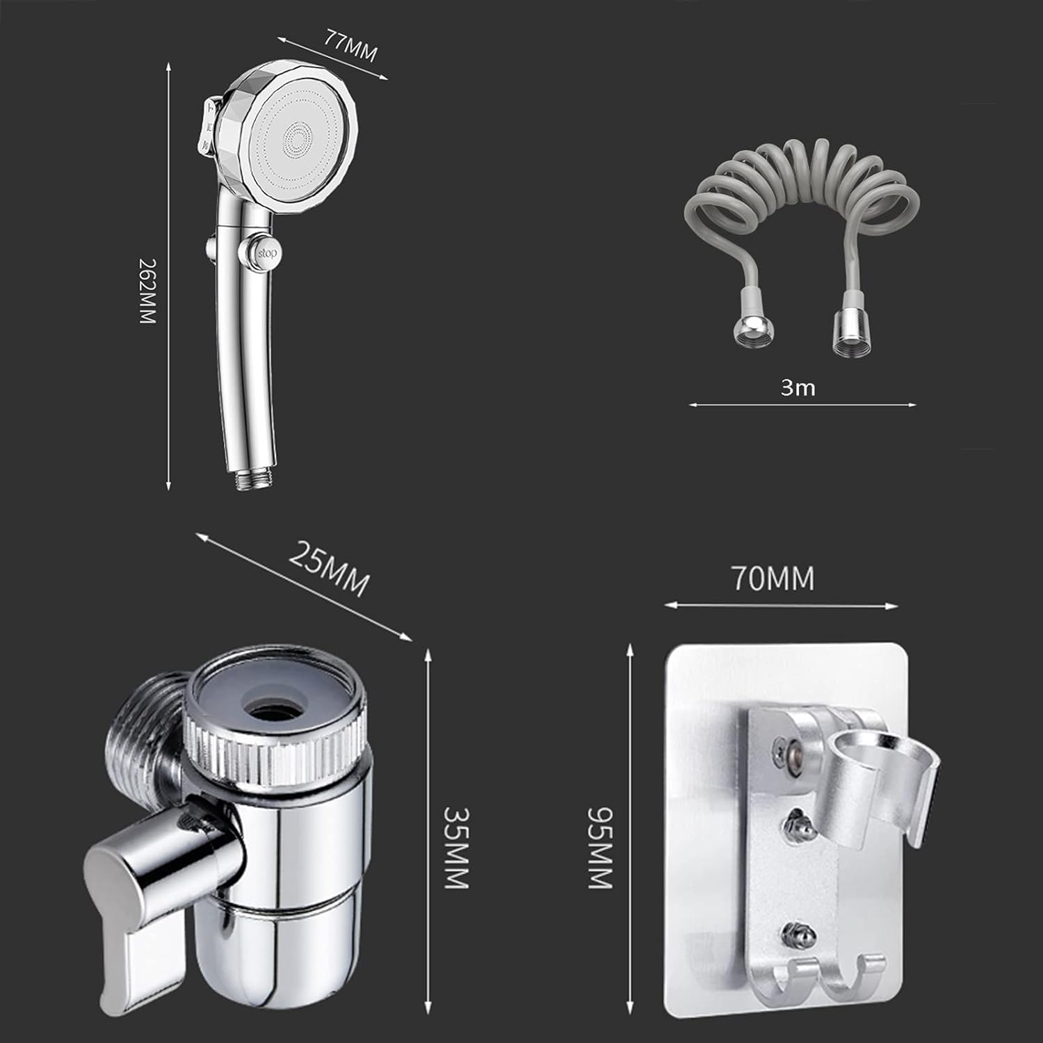 Hand Held Shower Head with 3 Speed Modes and 3M Hose Kit
