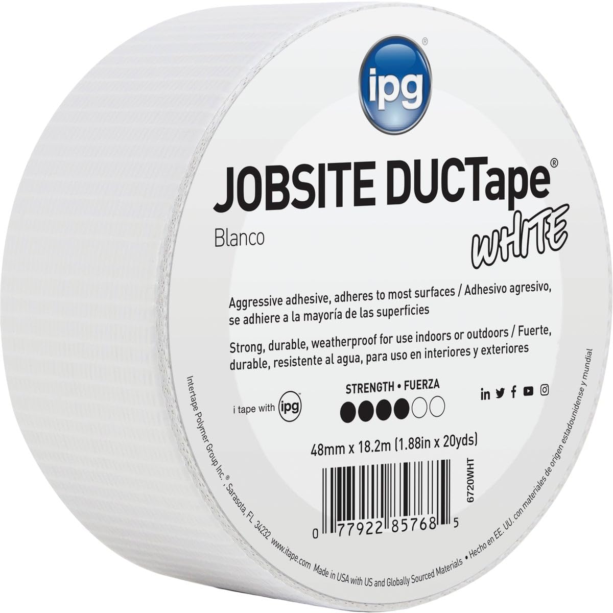 IPG 6720WHT JobSite Duct Tape White 20yd Single Roll