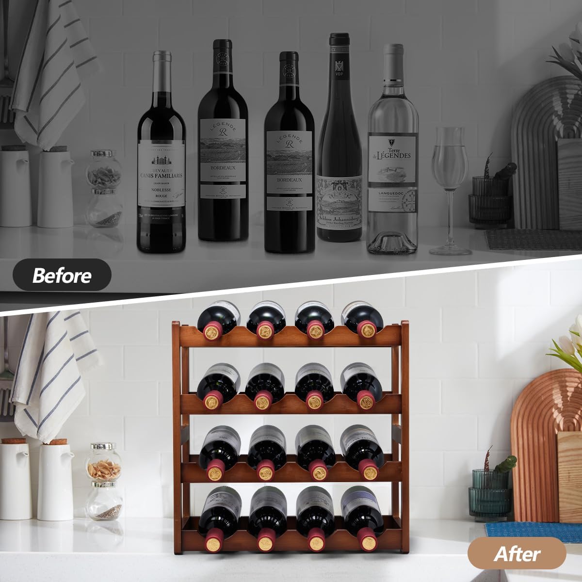 Homevany 4 Tier Bamboo Wine Rack 16 Bottle Holder