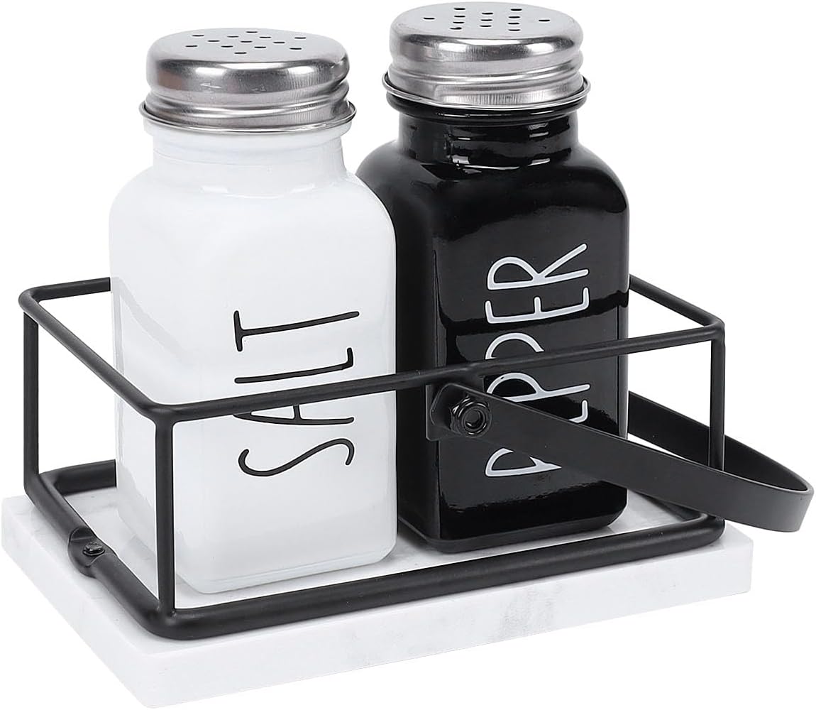 Livabber 2 Salt and Pepper Shakers with Marble Holder Set