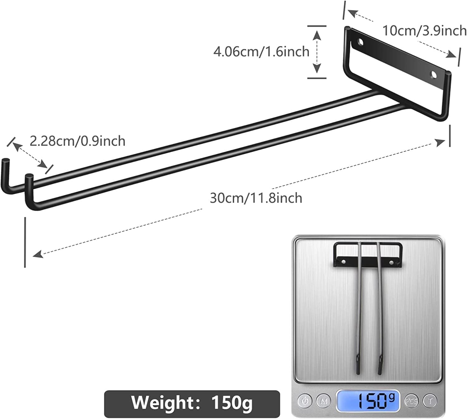 4 Pack Wall Mount Wine Glass Rack - Black Stainless Steel