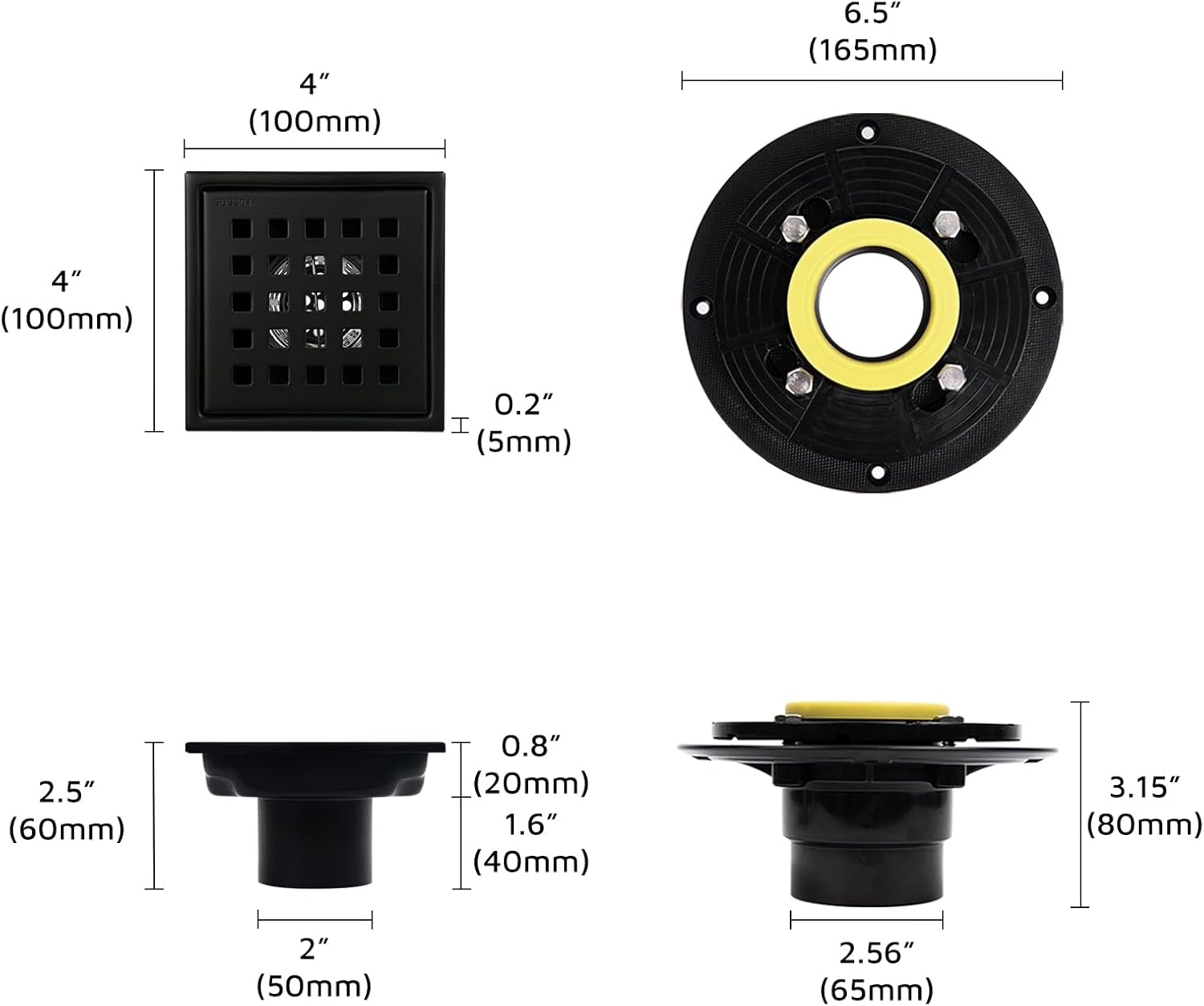 Heaorld Square Shower Drain 4 Inch Matte Black