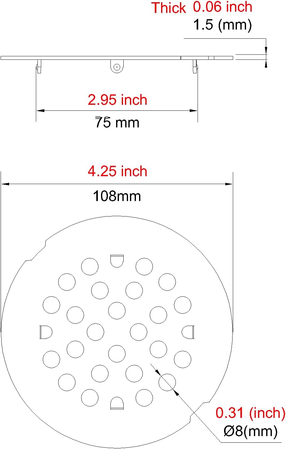 Snap-in Shower Drain Cover 4-14 Inch Round 304 Stainless Steel