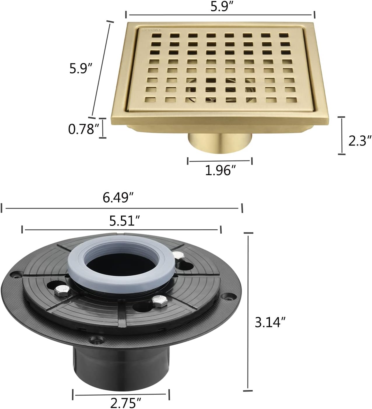 YLIEHS Square Shower Floor Drain with Gold Finish