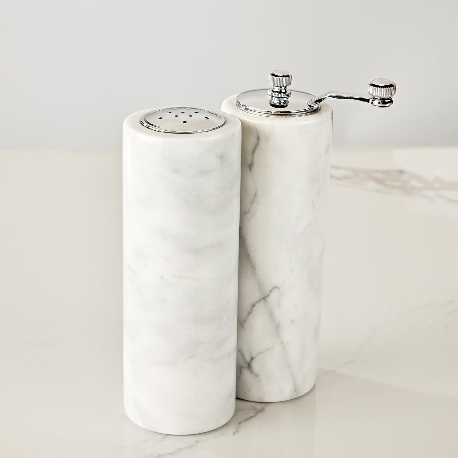 Natural Polished Marble Salt Shaker and Pepper Mill Set